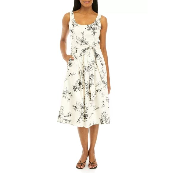 Anne Klein Topstitch Pleated Midi Dress (IVORY MULTICOLOR) sleeveless Sz 6 NWT - Picture 1 of 7